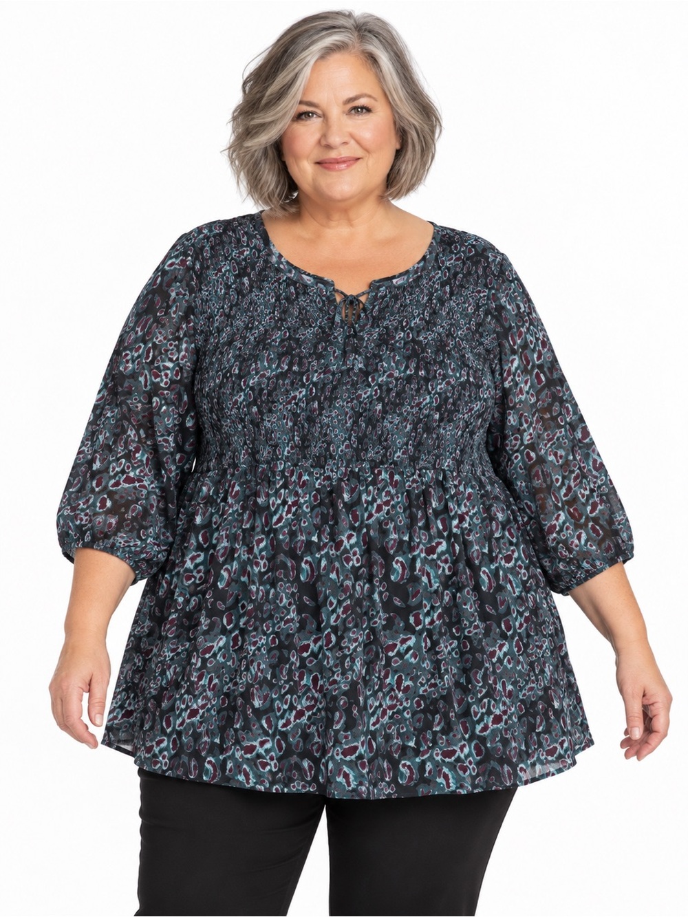 Ulla Popken Tunic 28/30 Teal Animal Print Smocked Boho Artsy